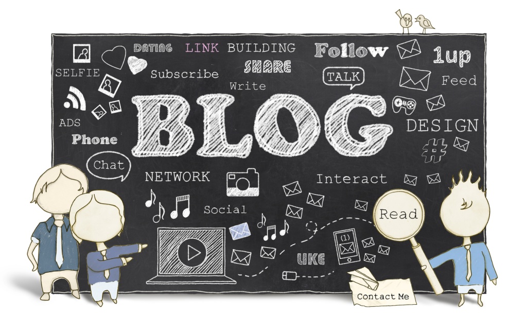 Animated characters pointing to a blackboard containt the word blog and other related features