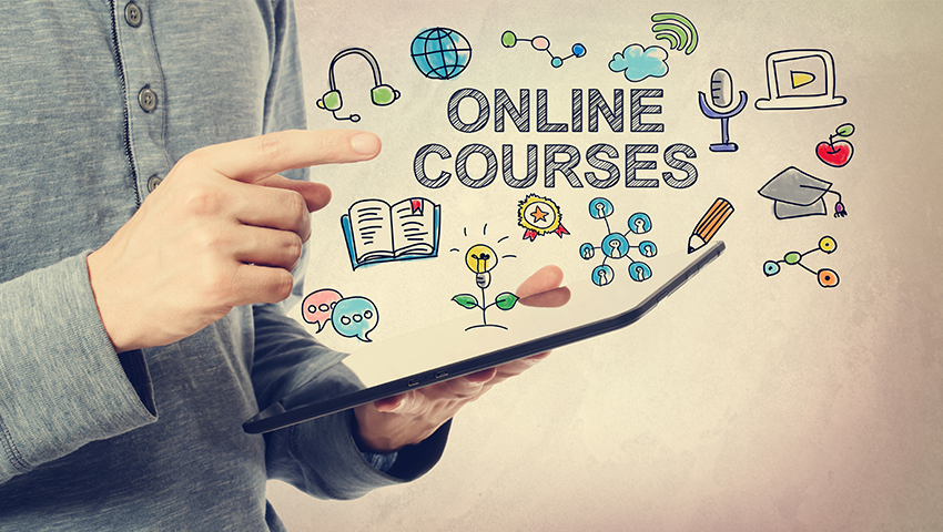 Finger pointing at the phrase online courses with related visuals next to it
