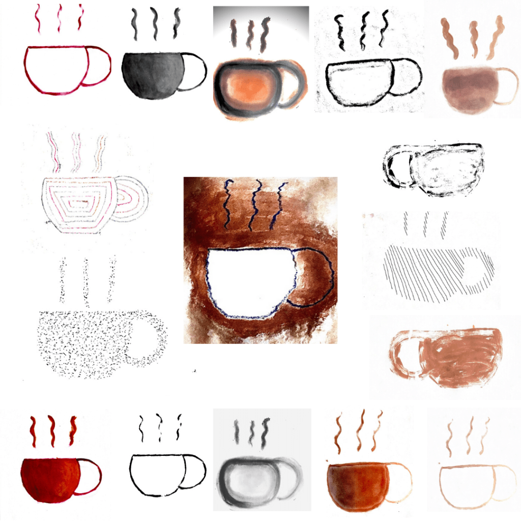 One cup represented with sixteen denotative images