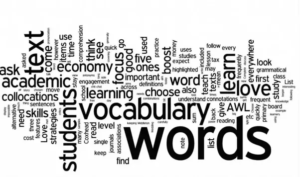 Word cloud showing a selection of words related to vocabulary and learning.