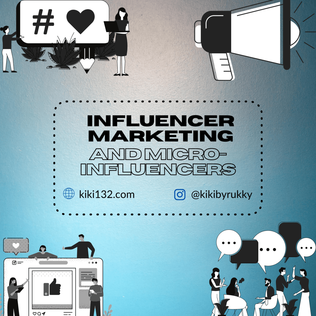 Icons of people chattings, hashtags, likes and other social media tools with the words, influencer marketing and micro-influencers written on it.