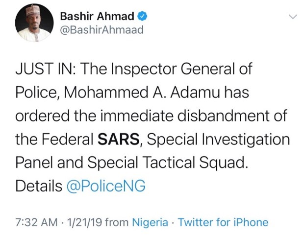 The Inspector General of Police, Mohammed A Adamu has ordered the immediate disbandment of the Federal SARS, Special Investigation Panel and Special Tactical Squad.